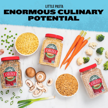 two variants: tri-color orzo and traditional (plain) orzo, both 26.5 oz