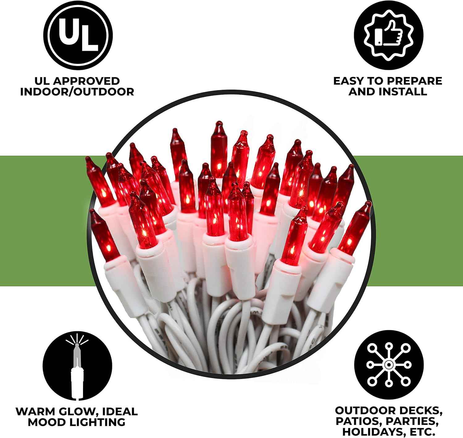 612 Vermont Red Mini String Lights on White Wire – Child-Safe Dorm and Playroom Decor with No Flame and Cool Bulbs