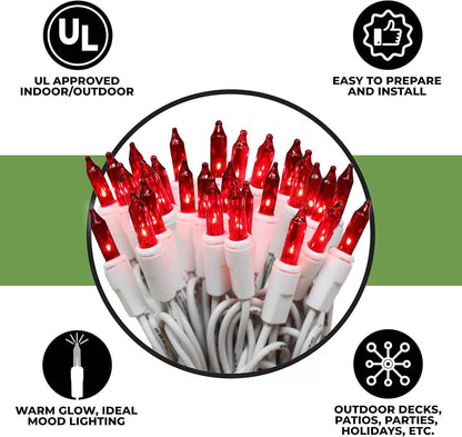 612 Vermont Red Mini String Lights on White Wire – Child-Safe Dorm and Playroom Decor with No Flame and Cool Bulbs