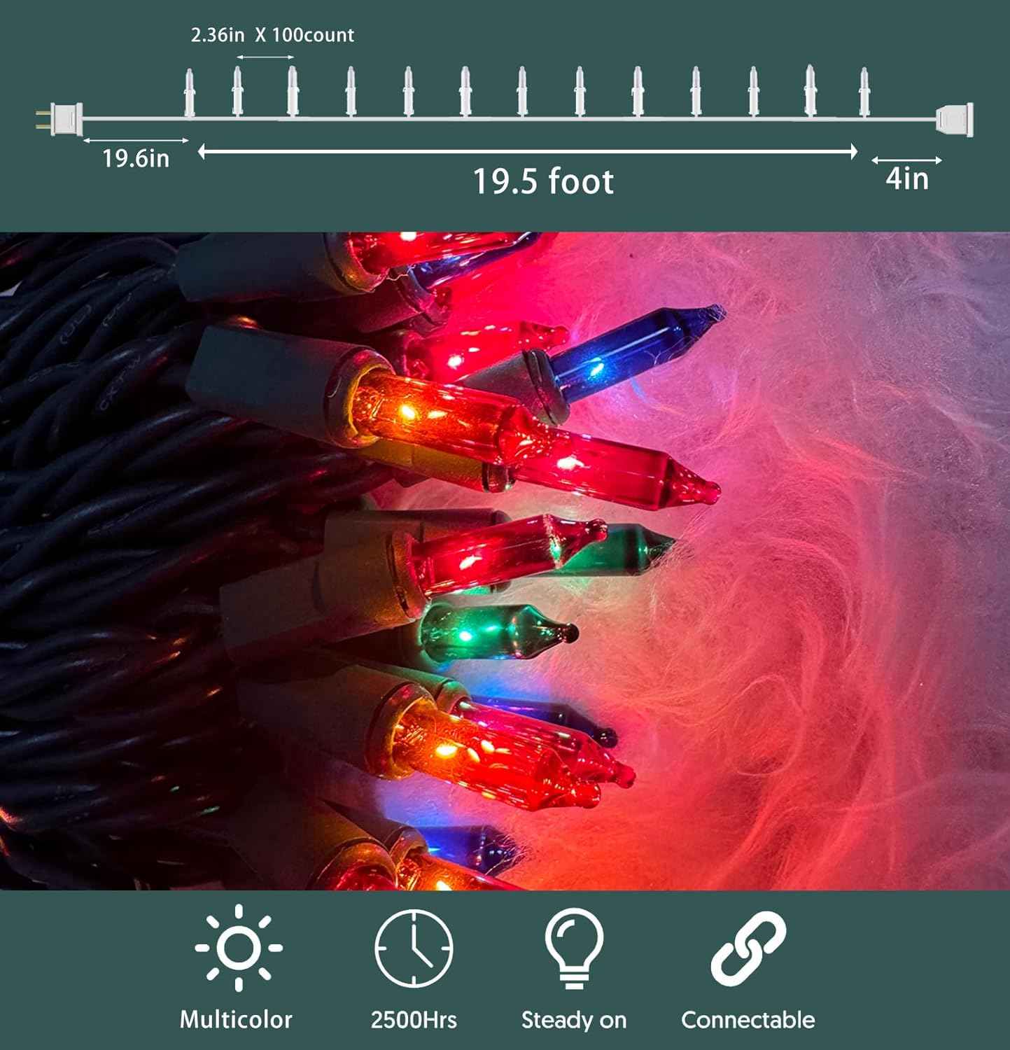 HISHINY UL Certified Safe Christmas Lights, 100 Count Multicolor Green Wire 21 ft, Flameless Indoor and Outdoor Holiday Lighting
