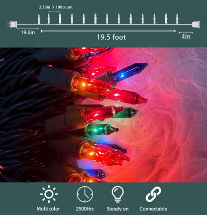 HISHINY UL Certified Safe Christmas Lights, 100 Count Multicolor Green Wire 21 ft, Flameless Indoor and Outdoor Holiday Lighting