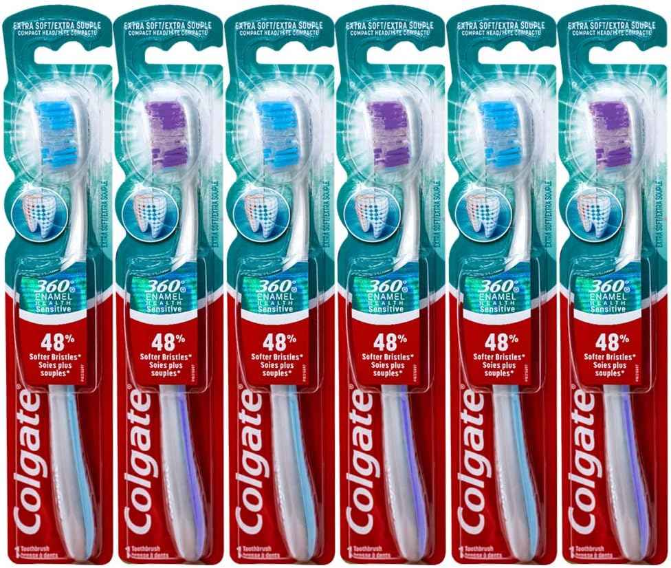 Colgate 360 Enamel Health Sensitive Toothbrush – Safe Gentle Brushing for Older Adults and Post-Dental Patients, Extra Soft, Pack of 6