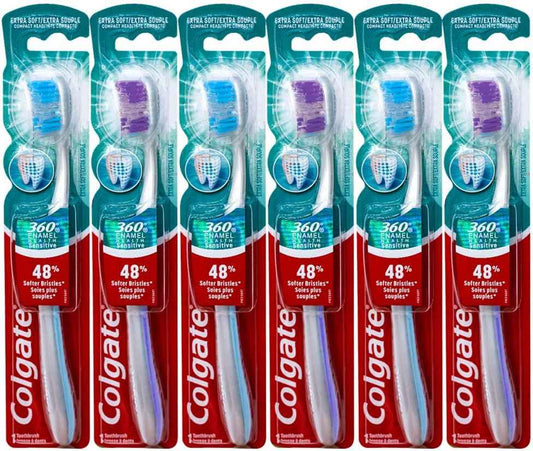 Colgate 360 Enamel Health Sensitive Toothbrush – Safe Gentle Brushing for Older Adults and Post-Dental Patients, Extra Soft, Pack of 6