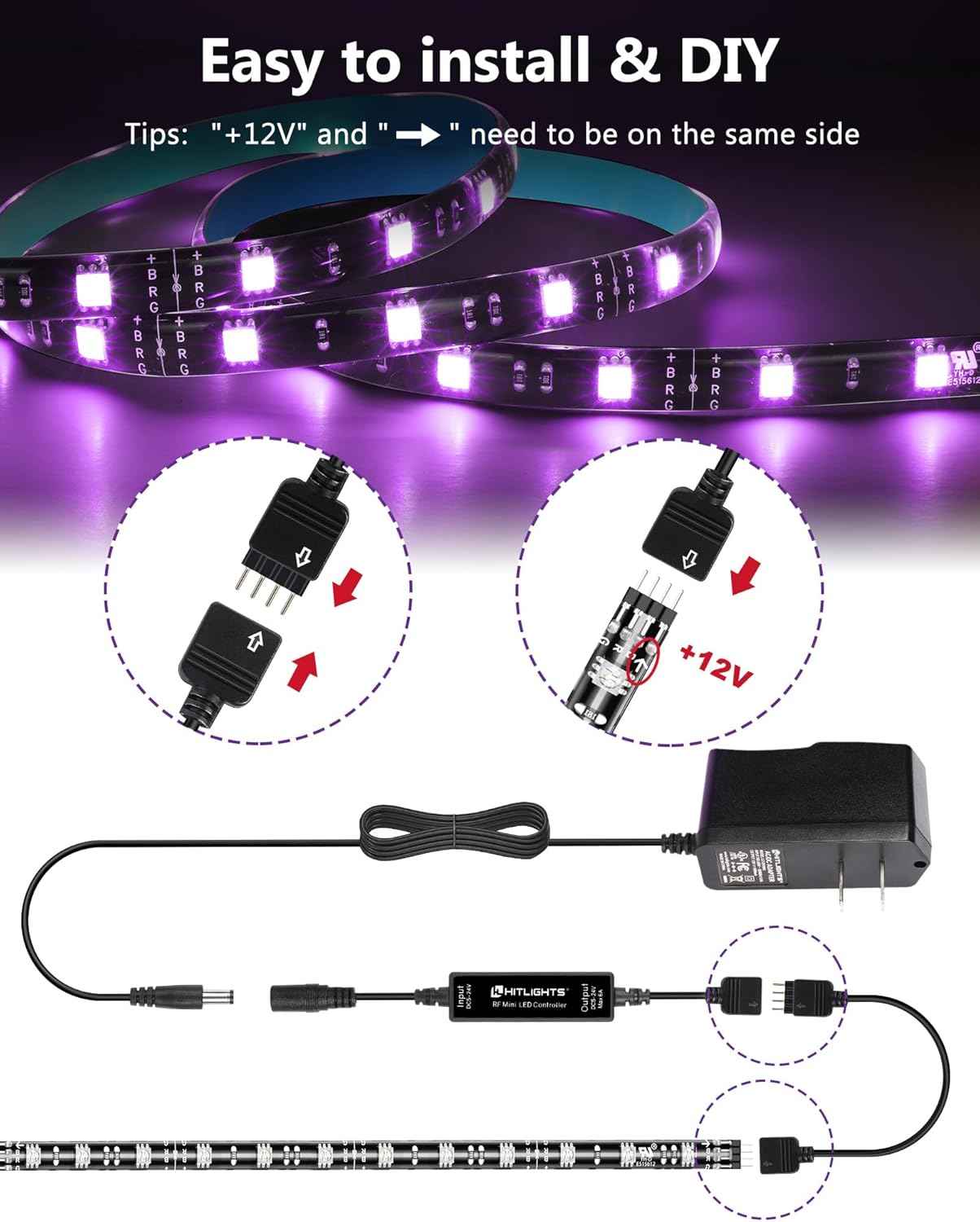 HitLights LED Strip Lights – Safe LED Lighting for Kids Room and Playroom, Cool Touch 12V RGB Strip with Remote