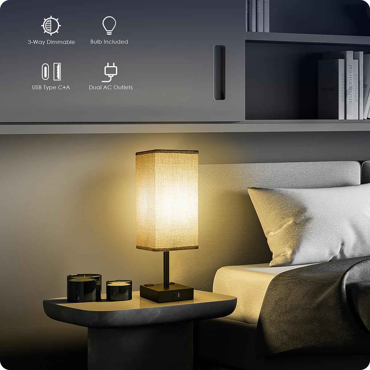 Soilsiu Fabric Shade Bedside Lamp with USB-C and AC Outlets, Stylish Nightstand Light for Modern Living Rooms