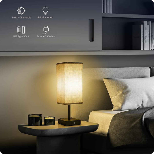 Soilsiu Fabric Shade Bedside Lamp with USB-C and AC Outlets, Stylish Nightstand Light for Modern Living Rooms