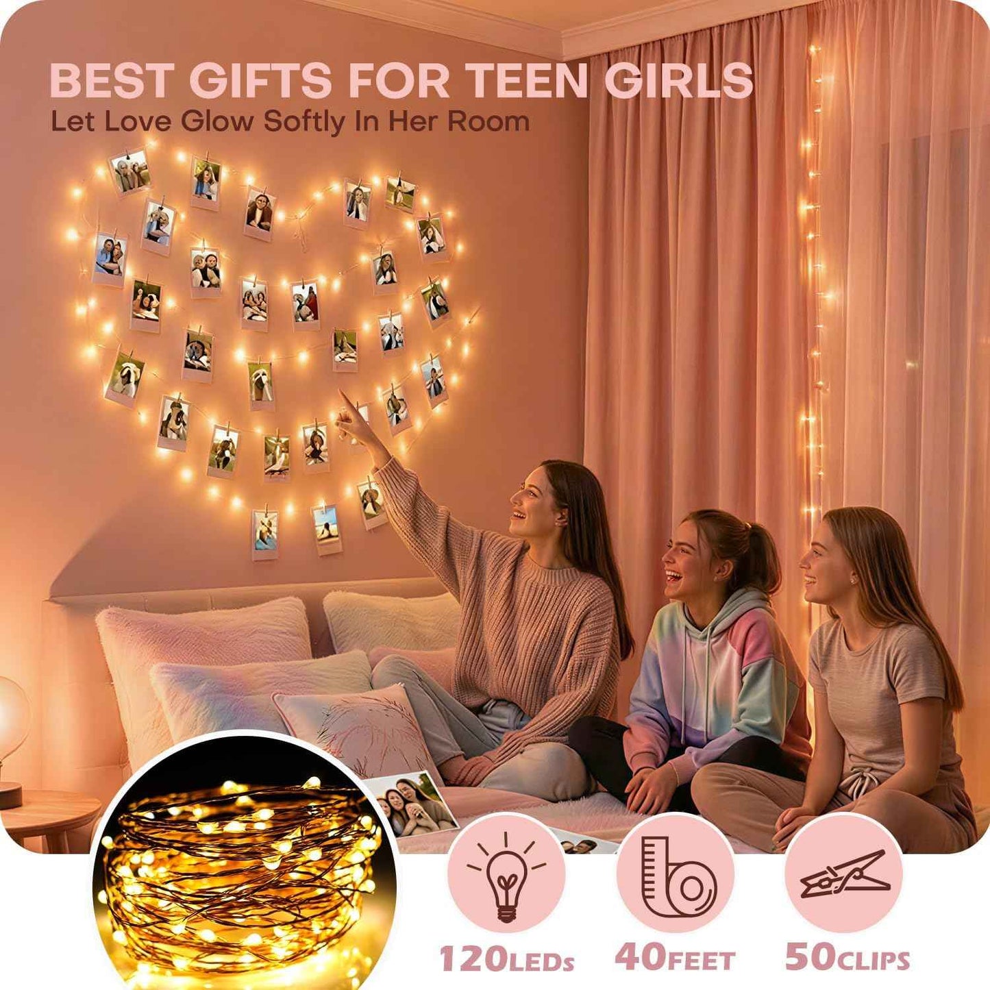 Waterproof Photo Clip String Lights 40FT - Indoor Outdoor Fairy Lights for Patio Camping Party, USB Powered LED with 50 Clips