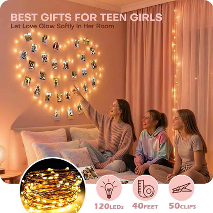 Waterproof Photo Clip String Lights 40FT - Indoor Outdoor Fairy Lights for Patio Camping Party, USB Powered LED with 50 Clips