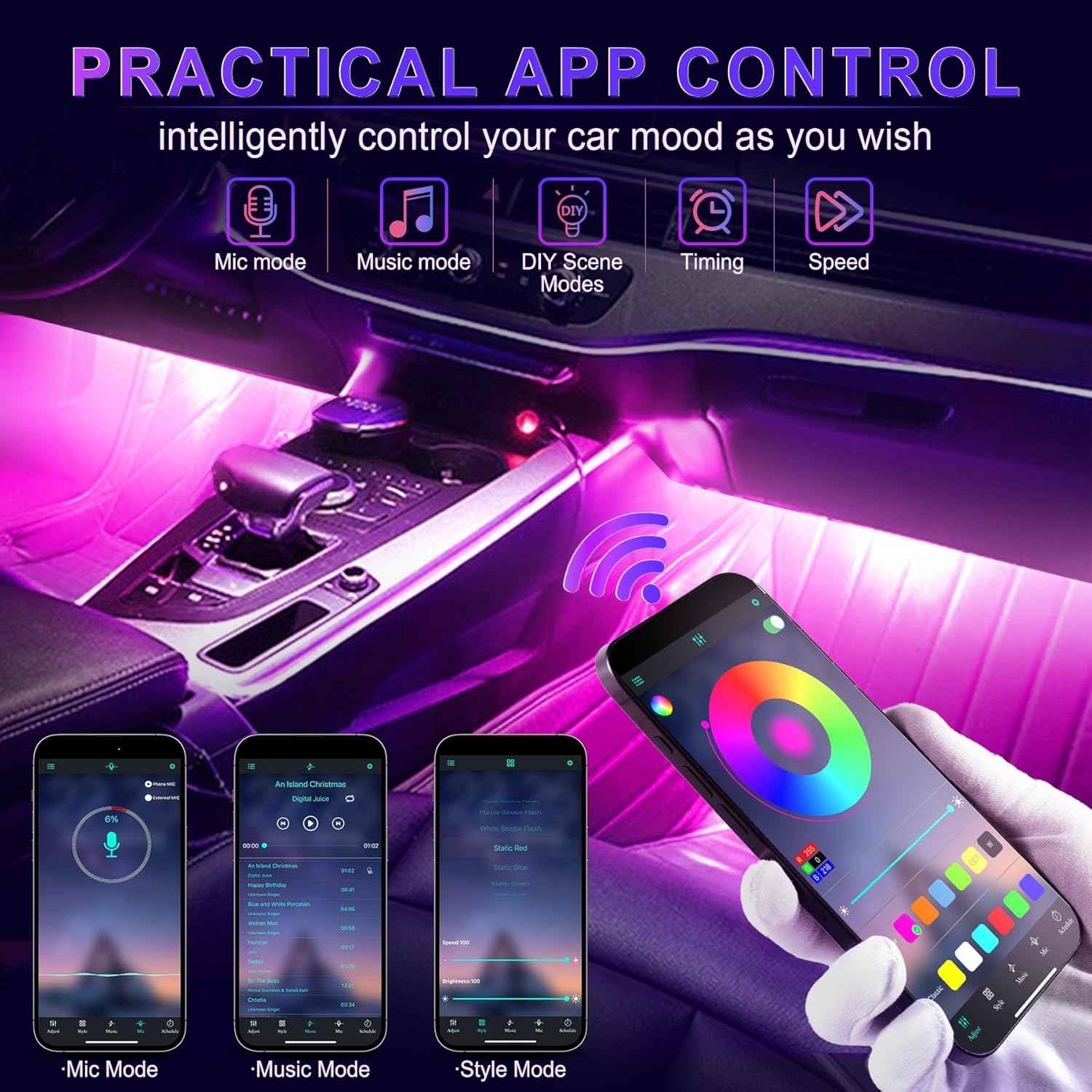 LivTee Car Interior Lights – Christmas Gift for Him, App-Controlled RGB LED Strip Kit with Music Sync