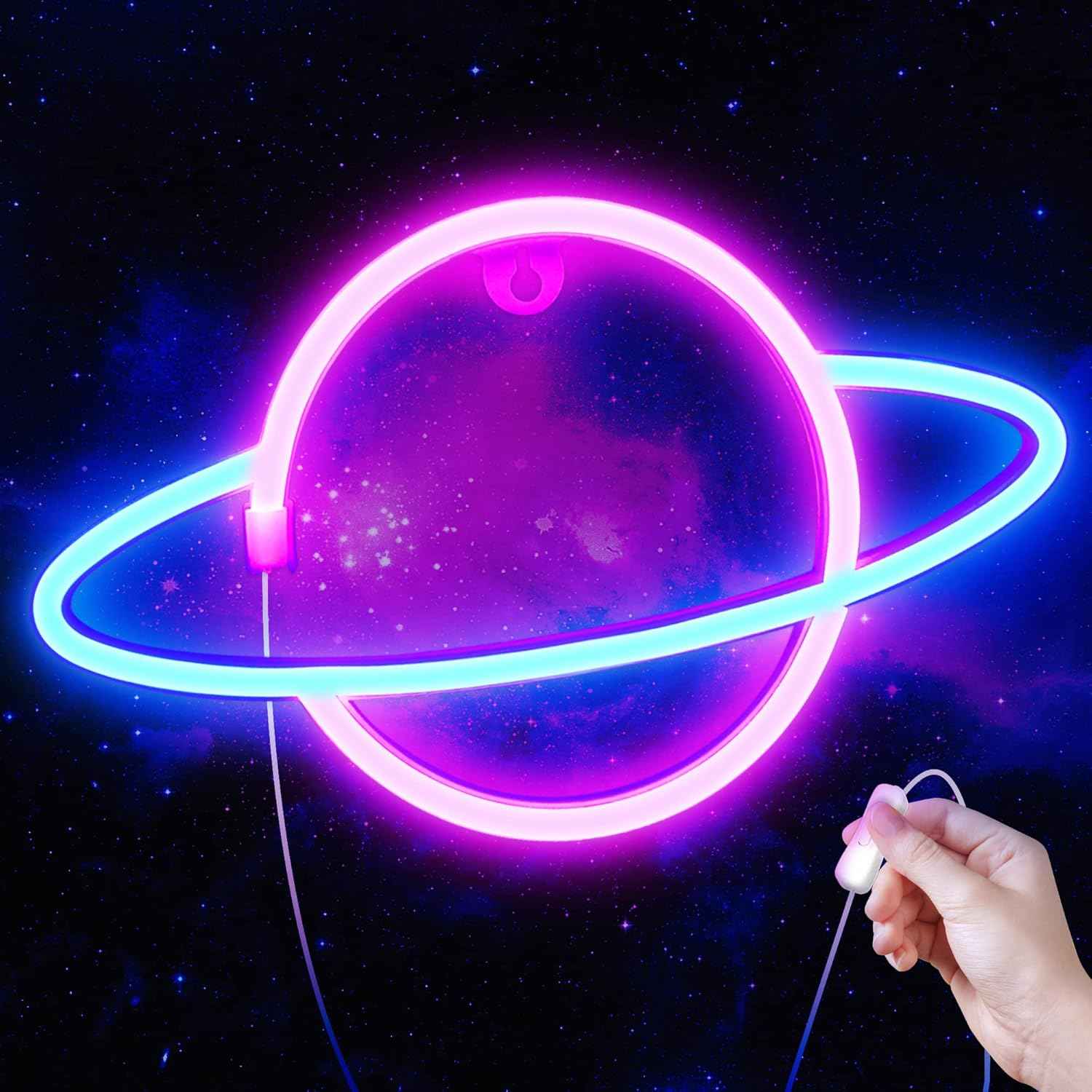 Lumoonosity Saturn Neon Sign - Blue Pink LED Wall Light for Bedroom Aesthetic, Planet Shaped Room Decor with USB Power and On/Off Switch