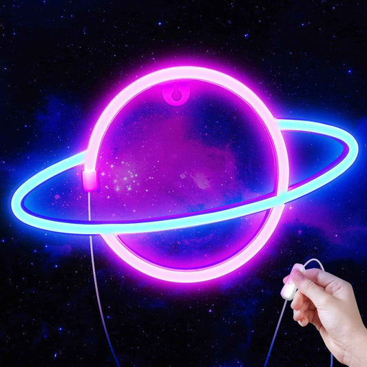 Lumoonosity Saturn Neon Sign - Blue Pink LED Wall Light for Bedroom Aesthetic, Planet Shaped Room Decor with USB Power and On/Off Switch