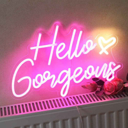 Hello Gorgeous Neon Sign – Premium Pink LED Neon Wall Art for Elevated Home Interiors, Dimmable with Timer