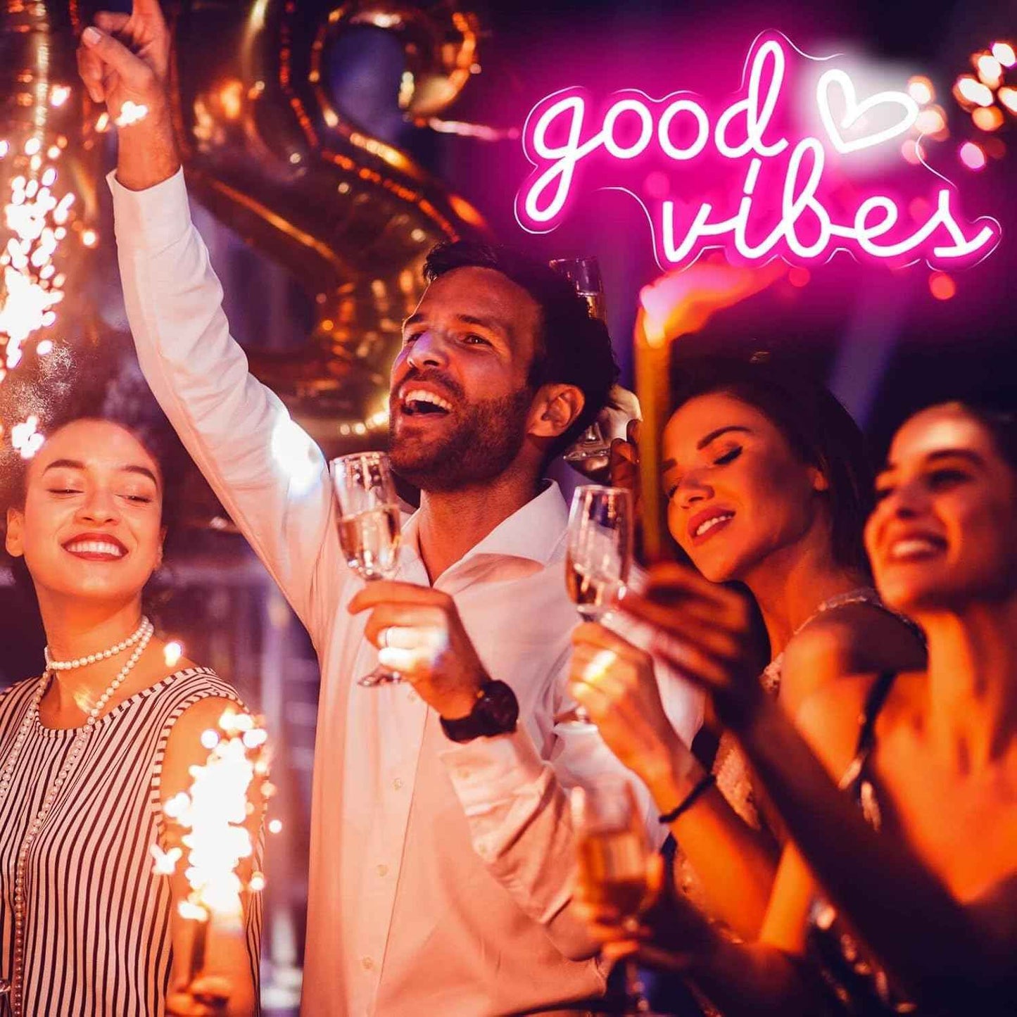 Good Vibes Neon Sign – Safe LED Wall Light for Girls Bedroom, Cool-to-Touch Heart Sign for Playroom
