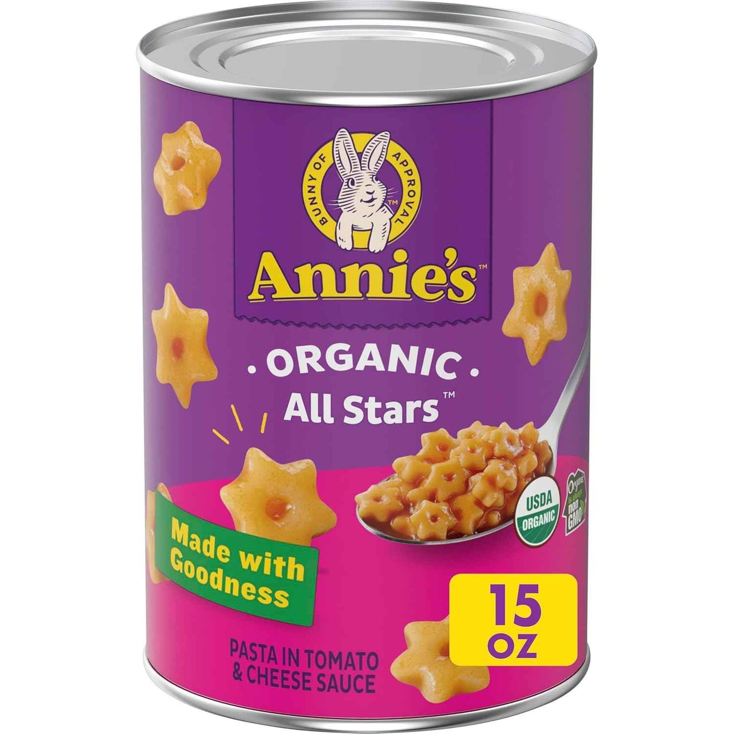 Annie's Organic All Stars Canned Pasta – No-Refrigeration Travel Meal for Road Trip Coolers, 15 oz Organic Star Pasta
