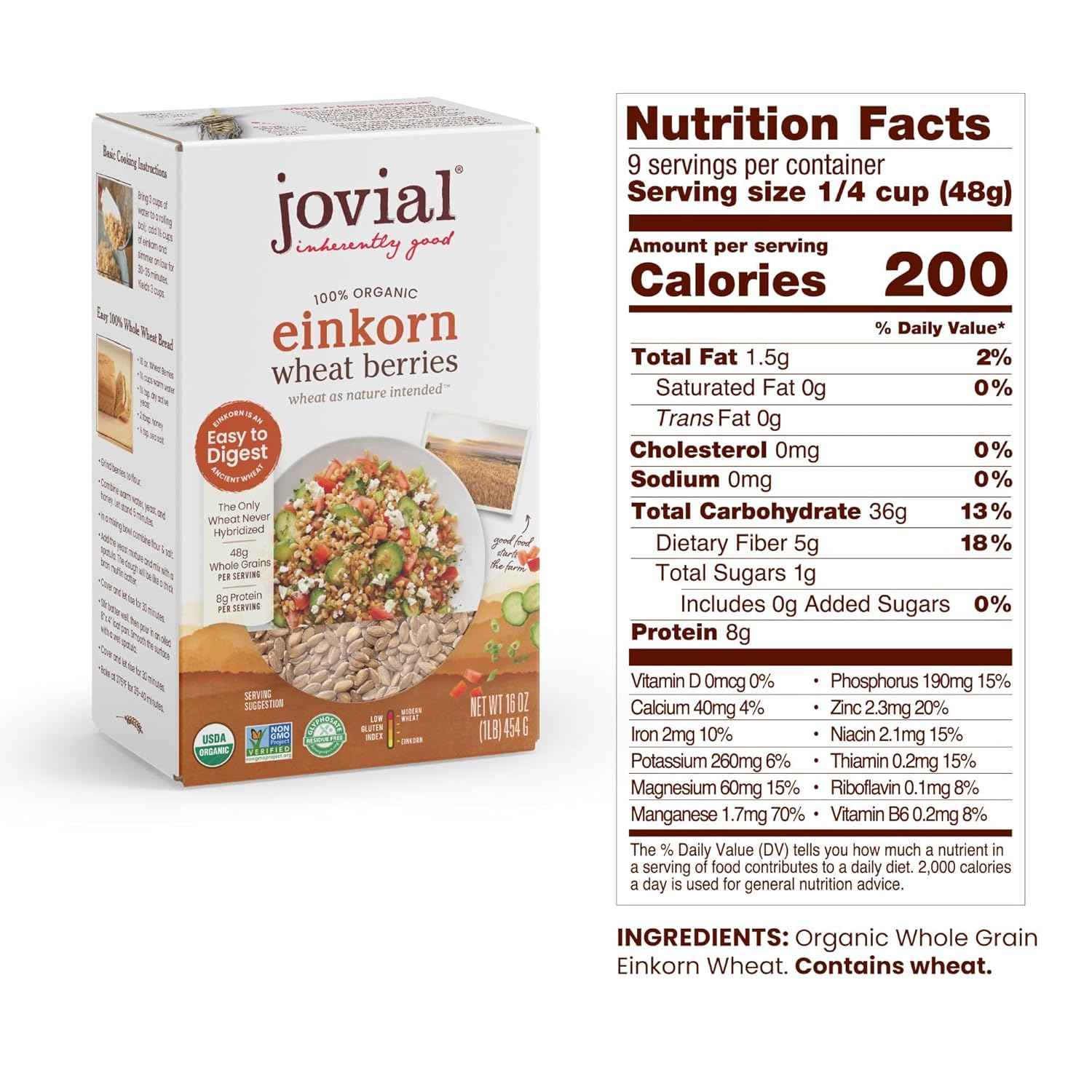 Jovial Einkorn Wheat Berries – Allergen-Friendly Ancient Grain for Kid Lunches