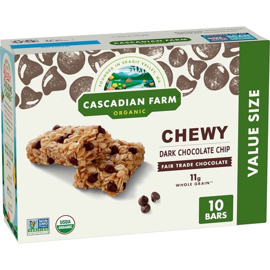 Cascadian Farm Organic Dark Chocolate Chip Granola Bars – Healthy After-School Snack for Kids Lunch Boxes, 12.3 oz Box