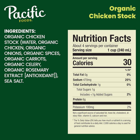 Pacific Foods Organic Unsalted Chicken Stock, 32 oz Carton – Allergen-Free Cooking Base for Kid-Friendly Family Meals