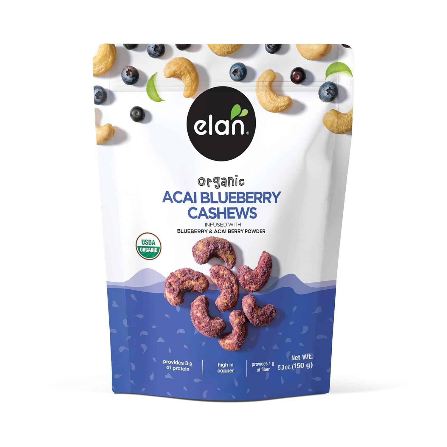 Elan Organic Acai Blueberry Cashews – Housewarming and Hostess Present for Health-Conscious Friends, 5.3 oz Elegant Glazed Nut Bag