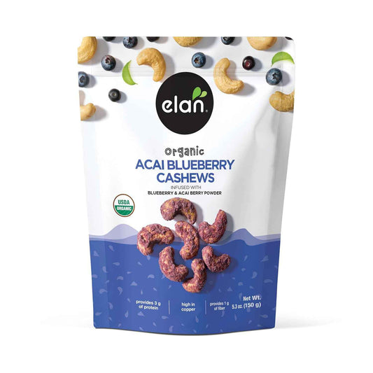 Elan Organic Acai Blueberry Cashews – Housewarming and Hostess Present for Health-Conscious Friends, 5.3 oz Elegant Glazed Nut Bag