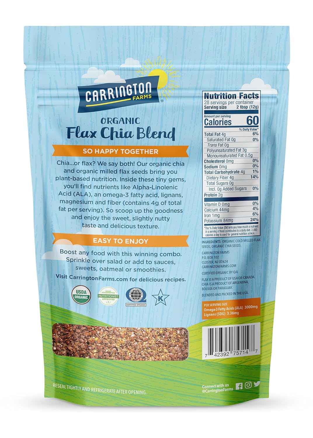 Carrington Farms Flax Chia Blend – Plant-Based Omega-3 for Mindful Morning Nutrition, USDA Organic Superfood for Self-Care
