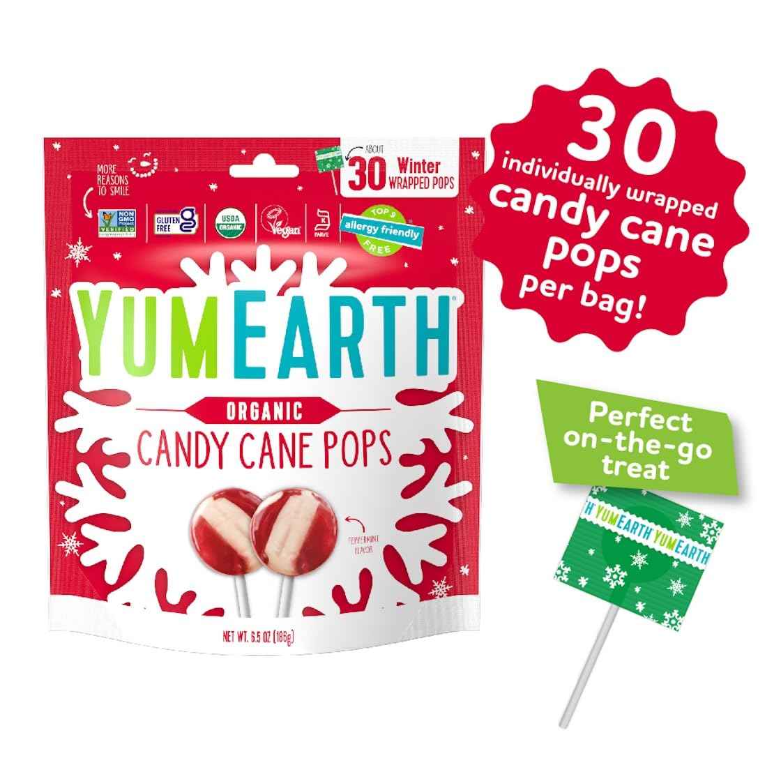 YumEarth Organic Candy Cane Lollipops - Clean Label Holiday Treat for Wellness Lifestyle, Non GMO Peppermint Candy, 30 Count