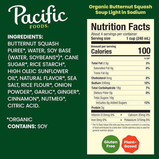 Pacific Foods Light in Sodium Organic Butternut Squash Soup – Ready-to-Heat Lunch for Busy Workdays, 32 oz