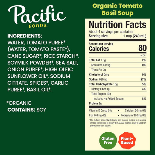 Pacific Foods Organic Tomato Basil Soup, 32 oz Carton – Quick Heat-and-Eat Lunch for Busy Workdays, Office Pantry Ready