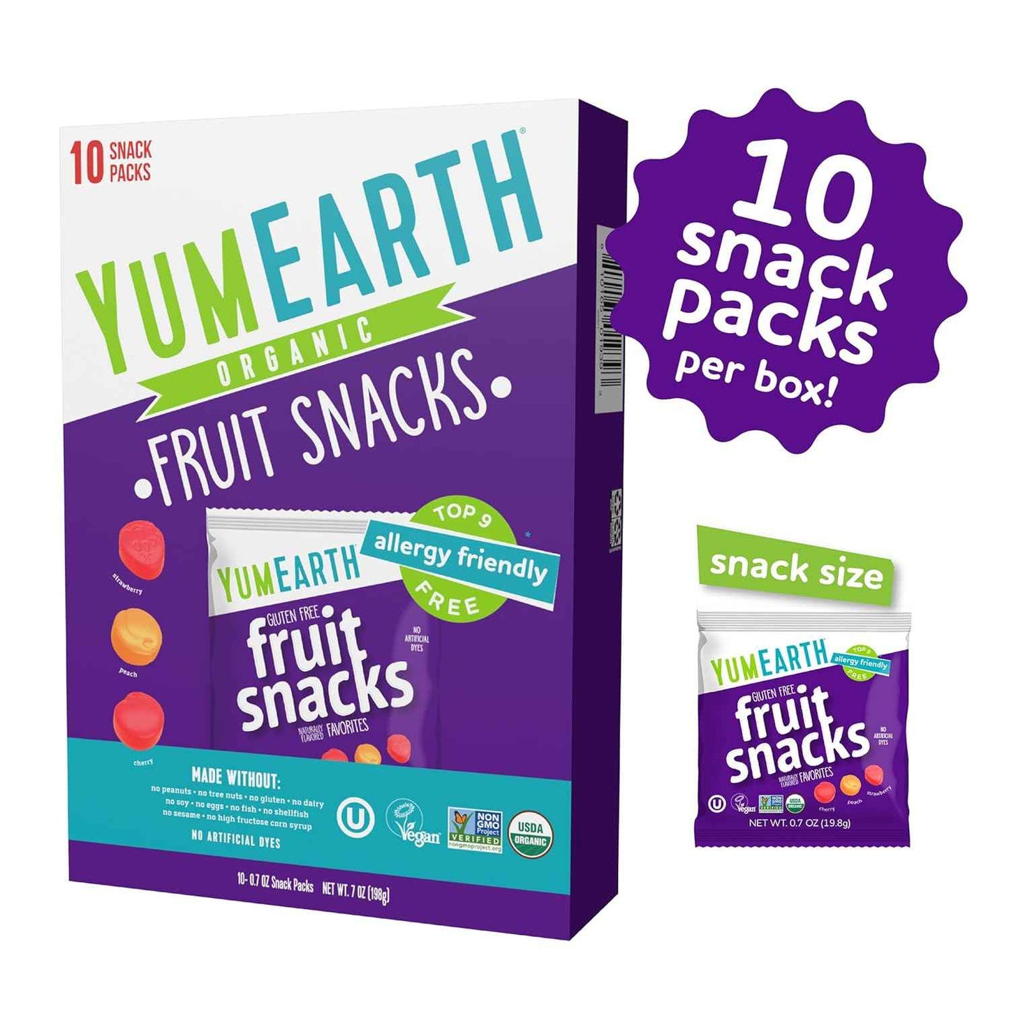 YumEarth Organic Fruit Snacks - Top 8 Allergen Free Snack for Allergy Sensitive Children, 10 Pack of 0.7 oz Pouches