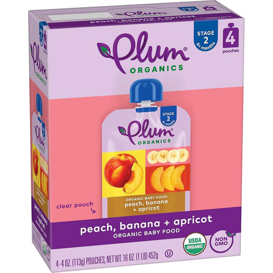 Plum Organics Stage 2 Baby Food Pouches – Organic Peach, Banana & Apricot Puree for 6+ Month Olds, 4 oz Travel Snack Pack of 4