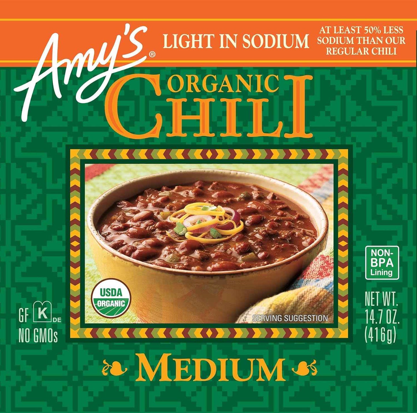 Amy's Medium Chili Reduced Sodium 14.7 oz – Plant-Based Vegan Pantry Staple for Clean Eating Wellness Routines