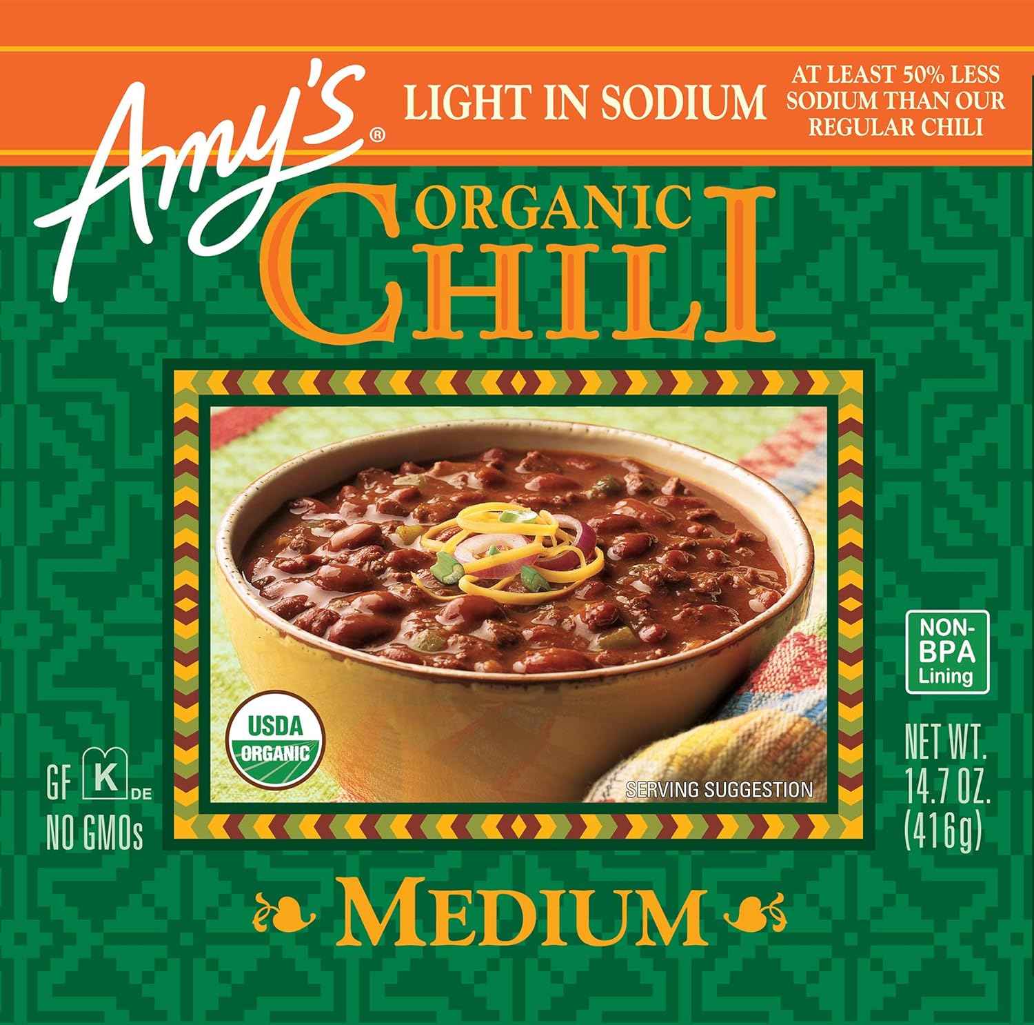 Amy's Medium Chili Reduced Sodium 14.7 oz – Plant-Based Vegan Pantry Staple for Clean Eating Wellness Routines