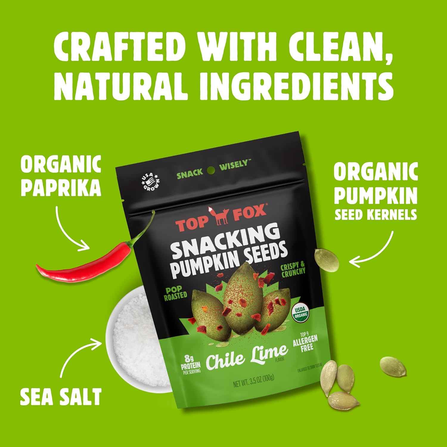 Top Fox Snacks Chile Lime Pumpkin Seeds 2 Pack - Allergen Free School Lunch Box Snack for Kids and Classroom Friendly