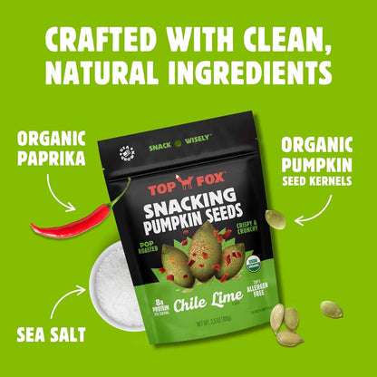 Top Fox Snacks Chile Lime Pumpkin Seeds 2 Pack - Allergen Free School Lunch Box Snack for Kids and Classroom Friendly