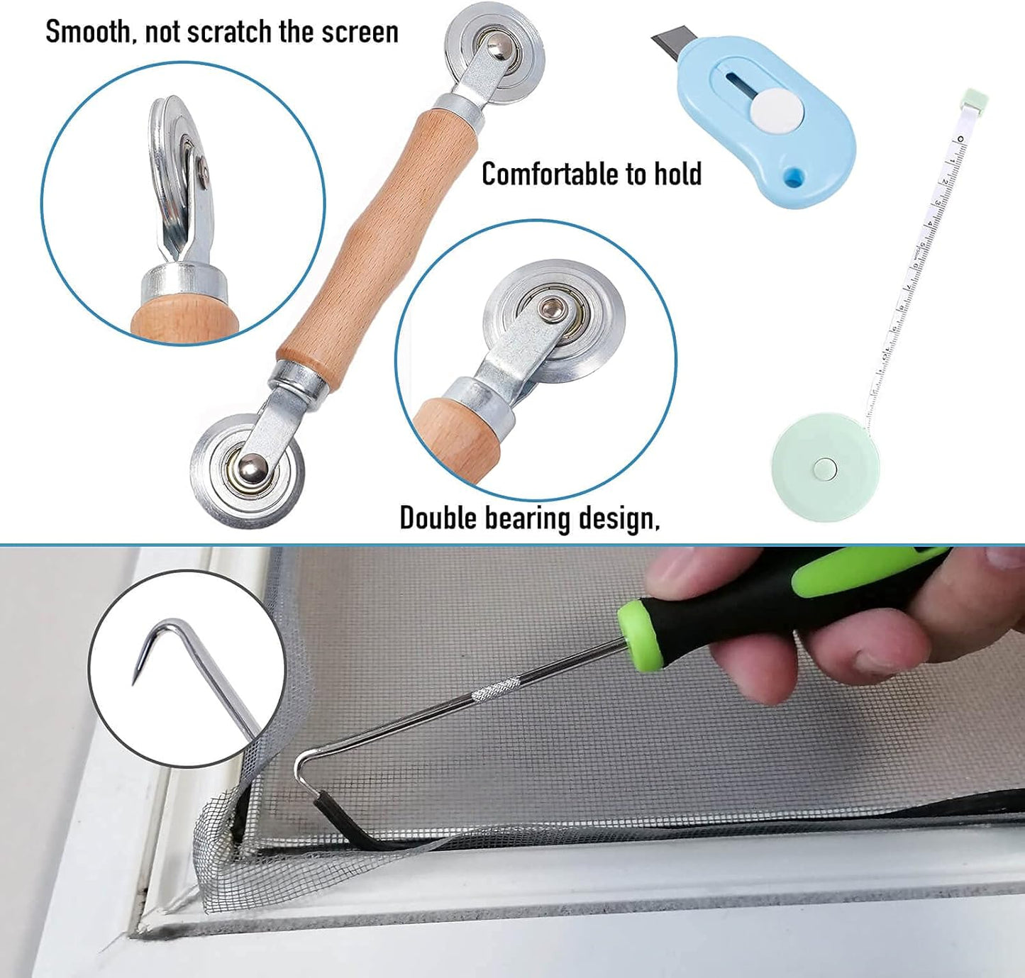 utility knife and tape measure included for on-the-spot sizing and trimming