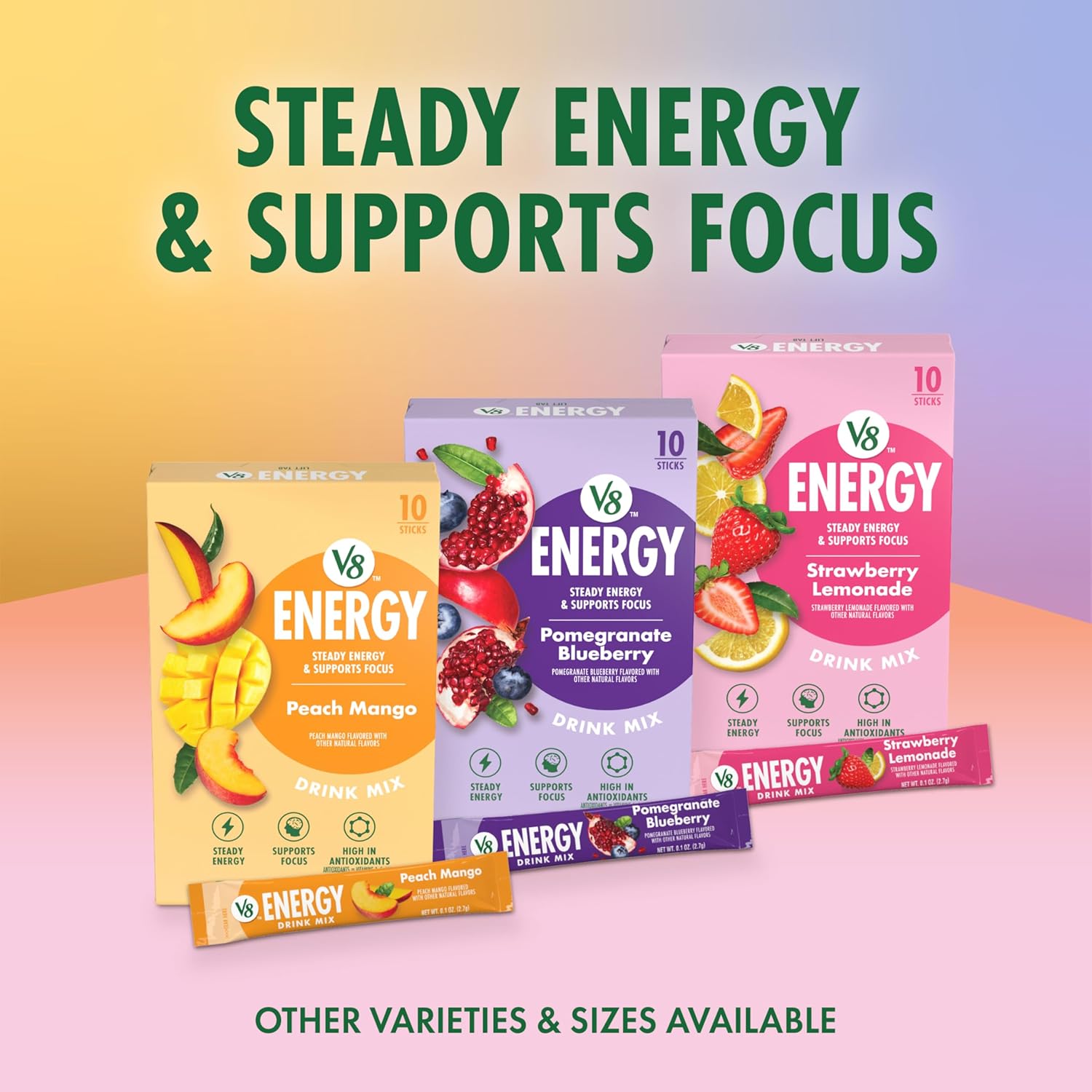V8 Energy Strawberry Lemonade Energy Drink Powder for Hiking and Trail Days, TSA Friendly Packets