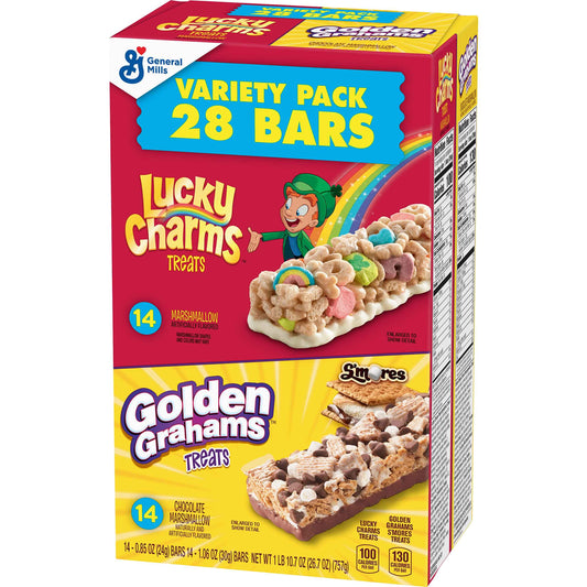 Golden Grahams Lucky Charms Breakfast Cereal Treat Bars – School Lunchbox Snack Pack for Kids, 28 Individually Wrapped Bars