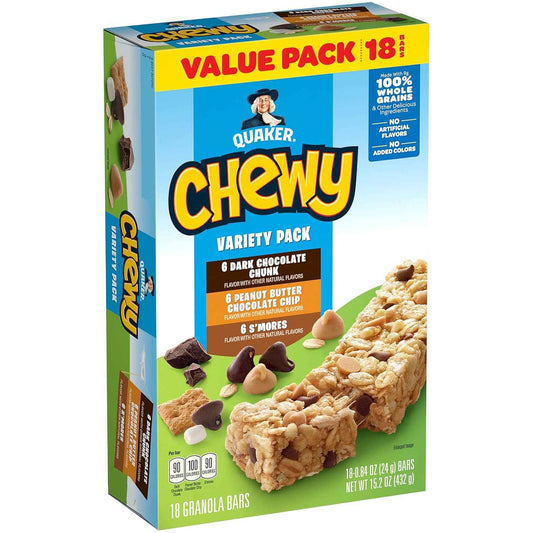 Quaker Chewy Granola Bars Variety Pack – Lunch Box Snack for Kids, 18 Individually Wrapped Bars