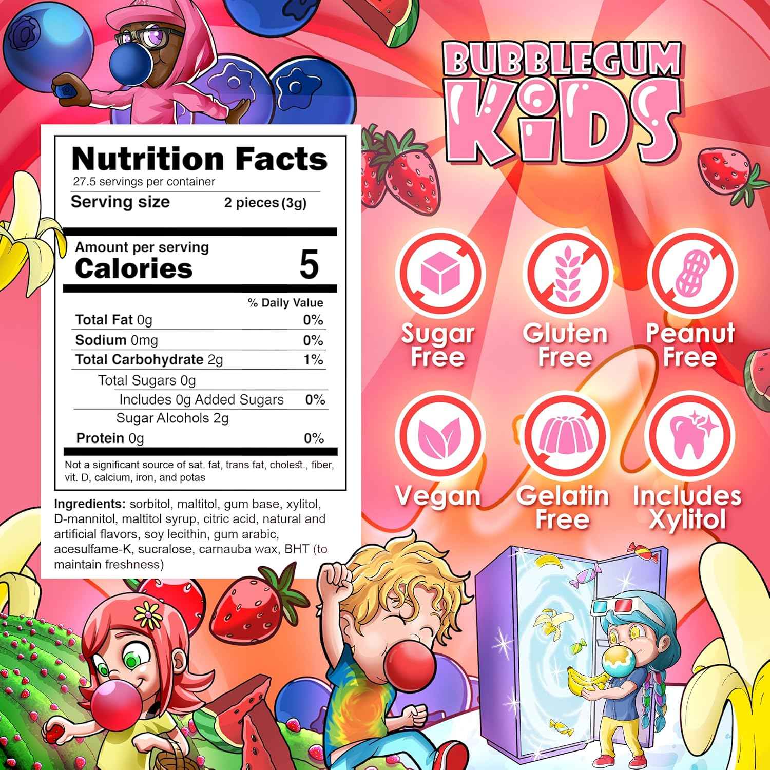 Bubblegum Kids Sugar Free Gum – Vegan & Gluten Free Bubble Gum for School Snack Time and Playdates
