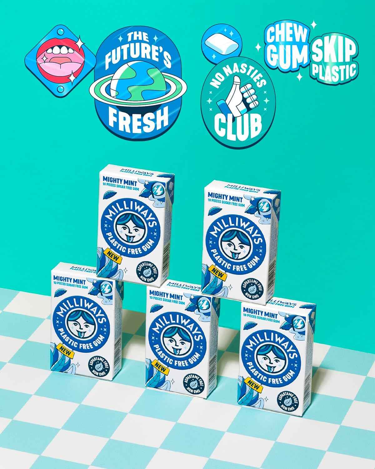 Milliways Mighty Mint | Plastic Free Gum for Mindful Self-Care Rituals, Xylitol Sugar-Free Chewing Gum