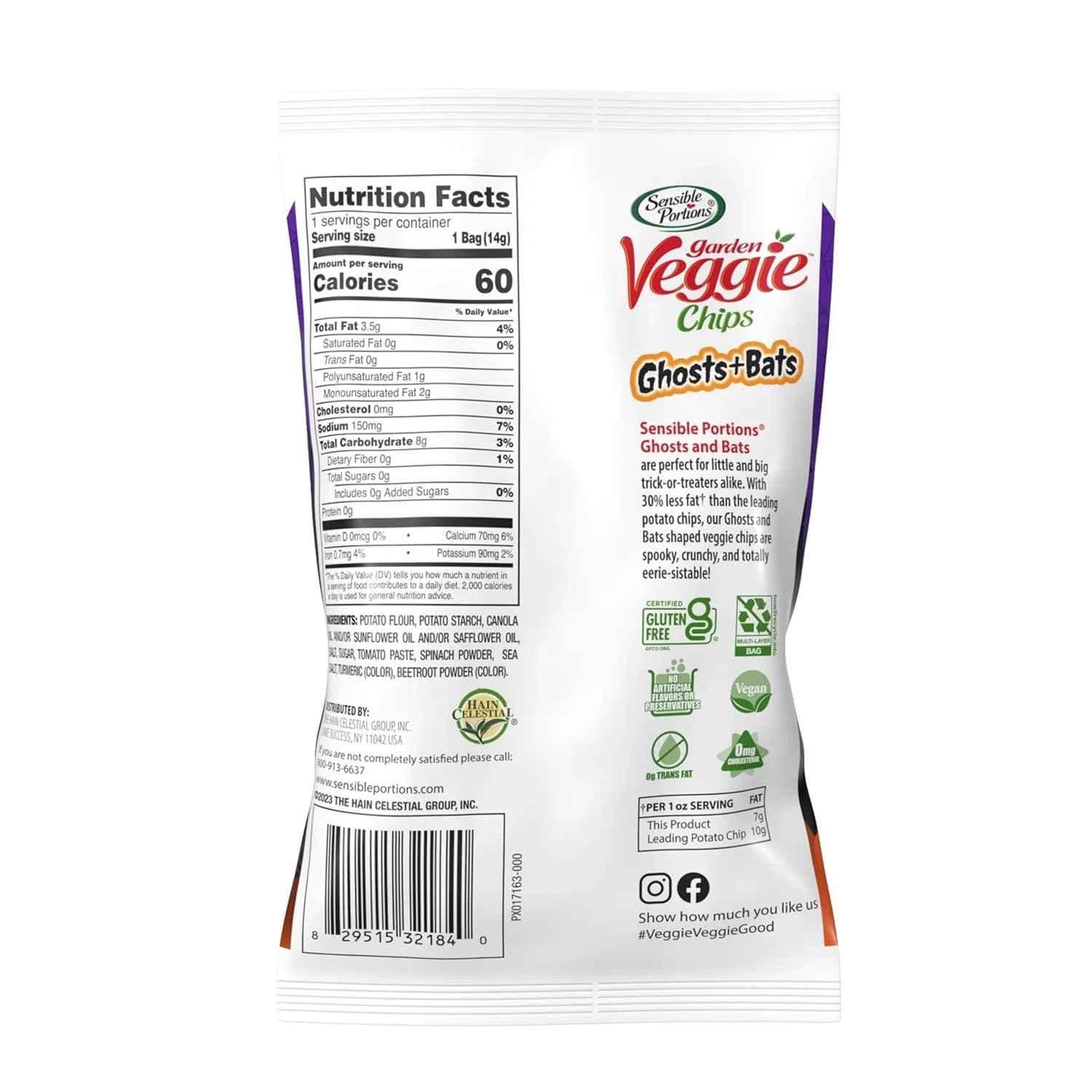 Sensible Portions Garden Veggie Ghosts & Bats Sea Salt Chips 0.5 oz Bag, 12 ct – Halloween Care Package Gift for Families with Kids