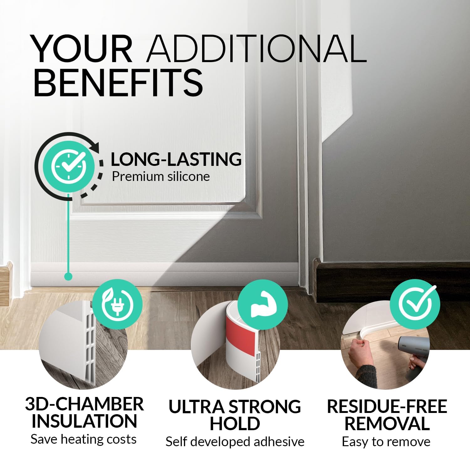 Vellure® Door Draft Stopper for Bottom of Door – Clean Neutral Design, One-Minute Tool-Free Install