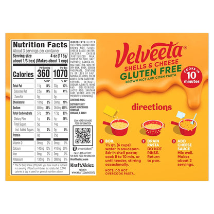 Velveeta Gluten Free Shells & Cheese, Compact Pantry Essential for Small Kitchens, 12 oz Box