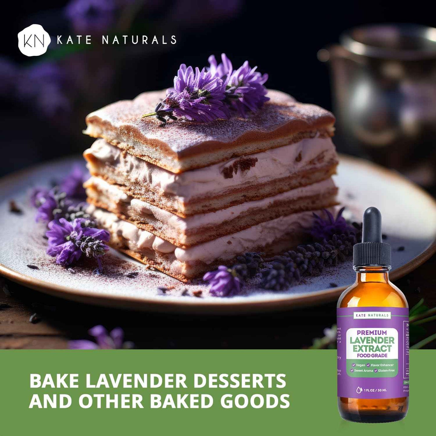 Kate Naturals Lavender Extract for Baking and Drinks – Elegant Food Grade Flavoring Gift Set for Coffee Lovers, Bakers and Home Mixologists