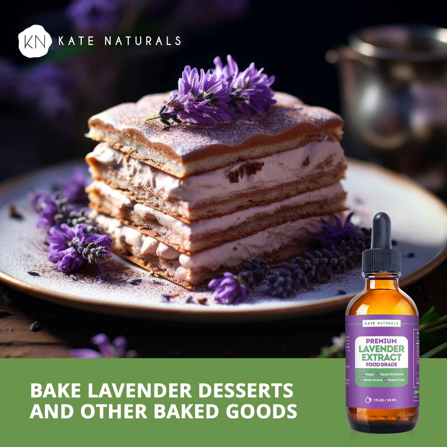 Kate Naturals Lavender Extract for Baking and Drinks – Elegant Food Grade Flavoring Gift Set for Coffee Lovers, Bakers and Home Mixologists