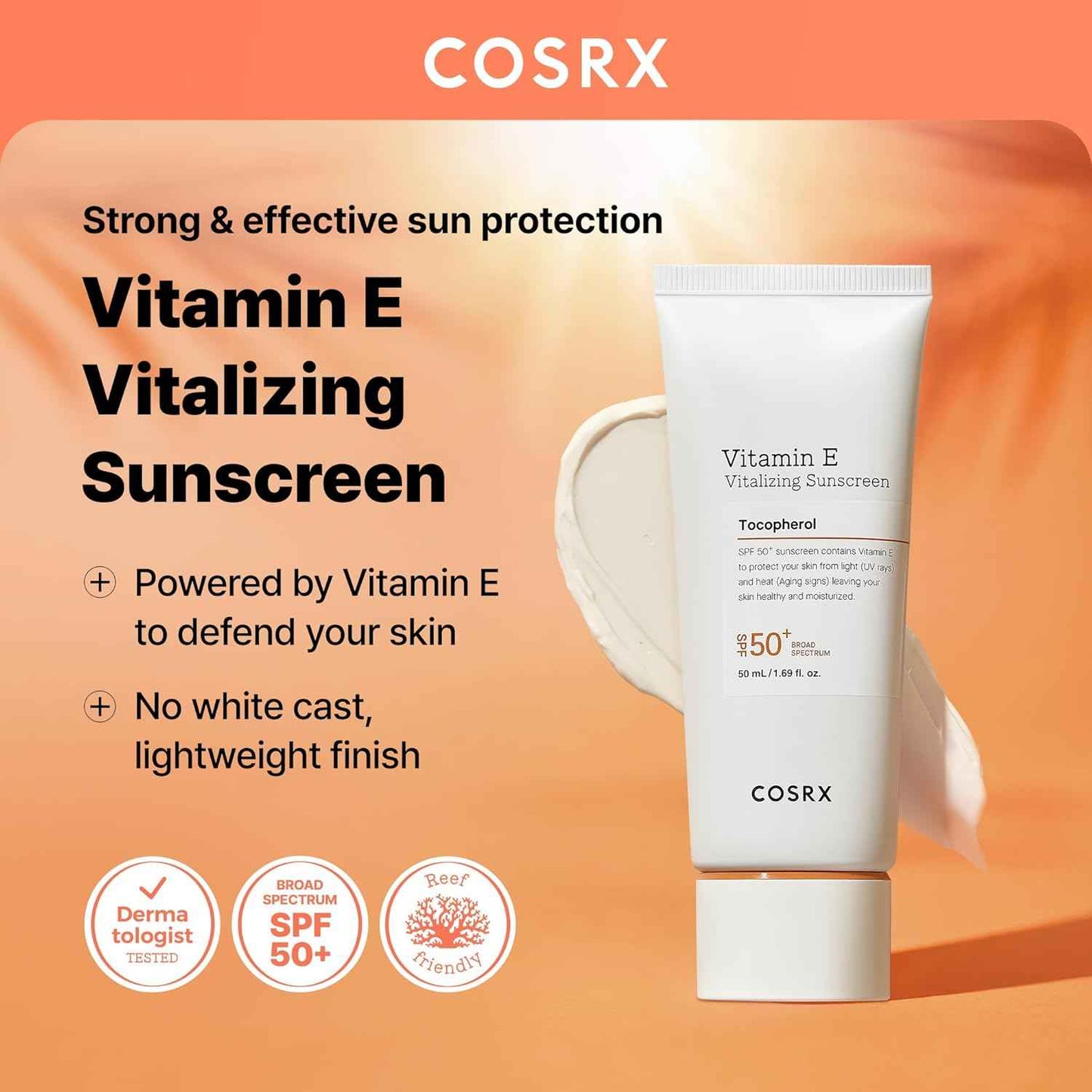 COSRX Vitamin E Vitalizing Sunscreen – Beach and Pool Day SPF 50, Water-Resistant Korean Face Sunscreen