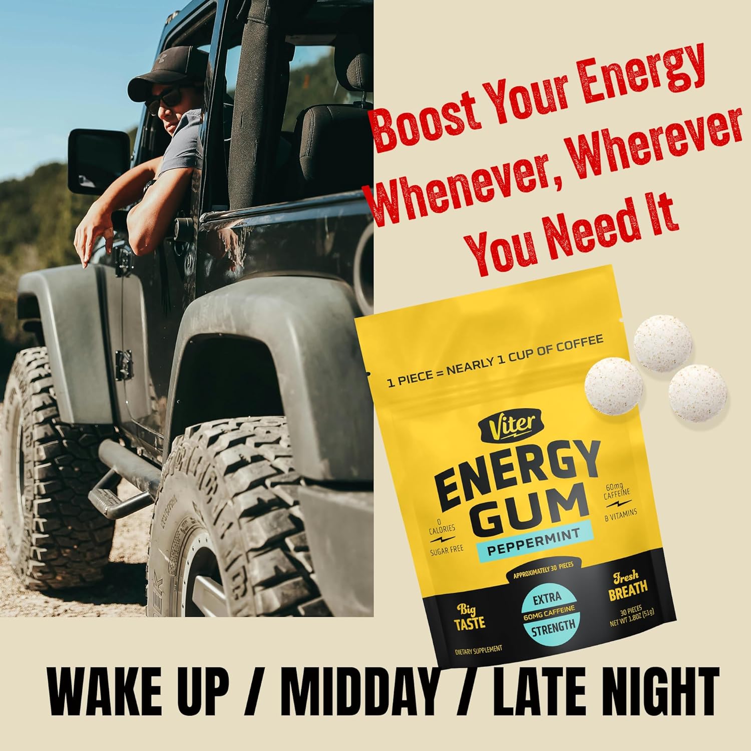 Viter Energy Caffeine Peppermint Chews – Spill-Free Energy for Long Drives, Flights, and Road Trips