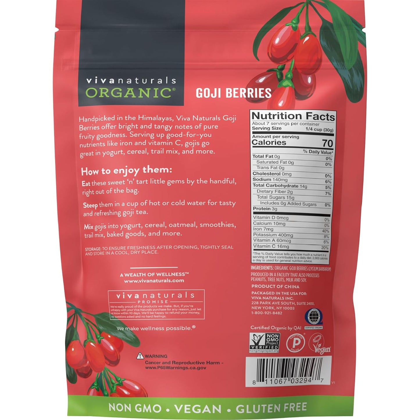 Viva Naturals Organic Goji Berries – Thoughtful Wellness Gift for Her, Birthday and Holiday Self-Care Present, 8 oz