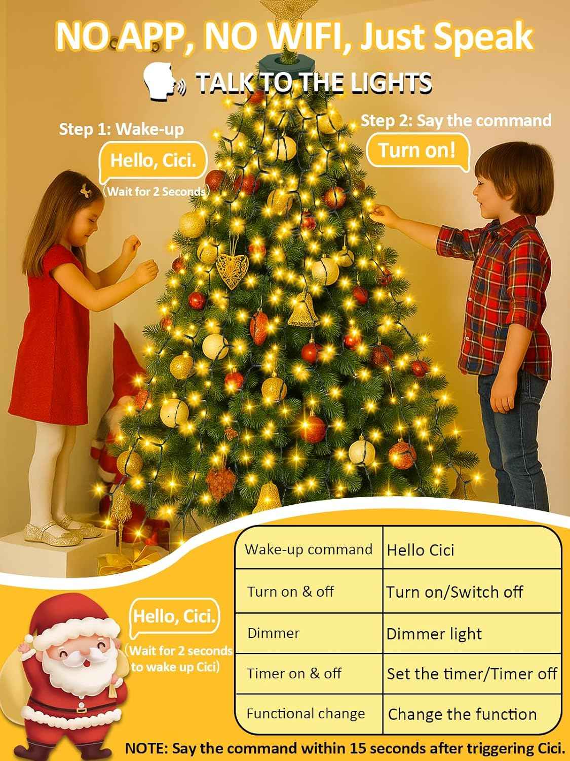 Cascadia Lights Voice-Activated Christmas Lights for Home Office Focus and Holiday Background Ambiance, 6h Timer Auto-Schedule Dimmable Tree Lights