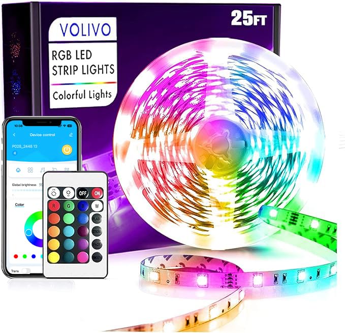 VOLIVO 25 ft Led Strip Lights for Bedroom, Color Changing Led Light Strips Kit with Bluetooth App Control and IR Remote, RGB Music Sync Lighting for Room, Home Decor