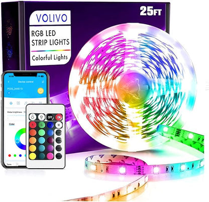 VOLIVO 25 ft Led Strip Lights for Bedroom, Color Changing Led Light Strips Kit with Bluetooth App Control and IR Remote, RGB Music Sync Lighting for Room, Home Decor